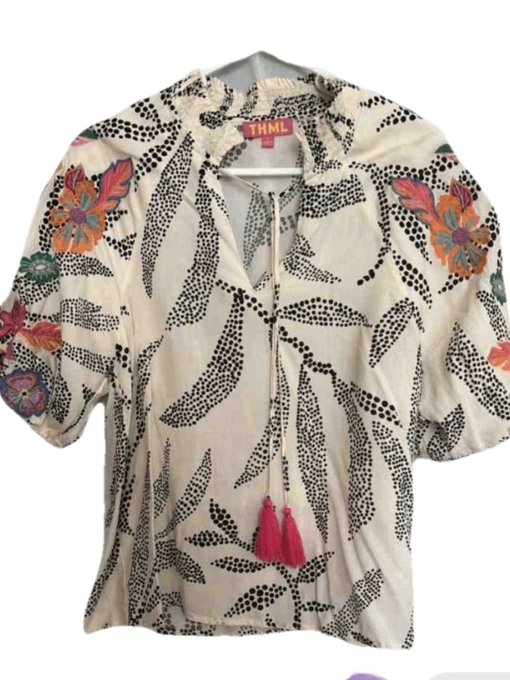 THML Cream Floral Embroidered V-Neck Blouse with Pink Tassels - Small